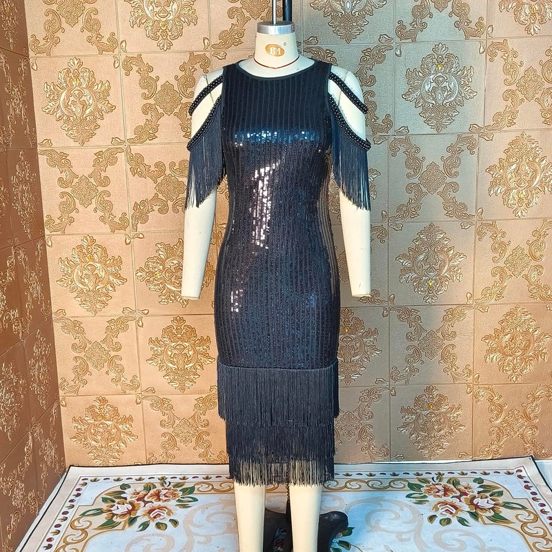 Cololura Women Sexy Short Sleeve Sequin Tassel Bodycon Midi Dress Cocktail Party Evening Gown Dresses - Image 5