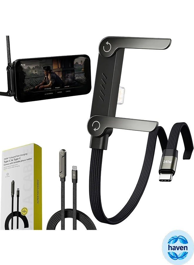 HAVEN Sideways Phone Charger, 240W Fast Charging Cable with Rotatable Phone Holder Stand, 360-Degree Rotation, 1.5 Meter Sideway Gaming Charger (Type C to Type C) - Image 1