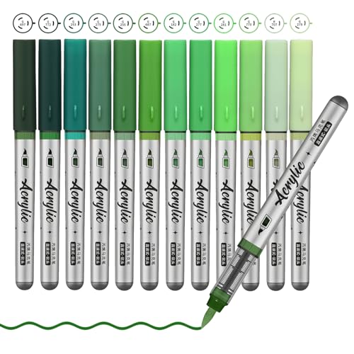 ZZWUAPT Green Acrylic Paint Pens,12 Color Paint Pen Markers,Brush Tip Paint Pens for Rock Painting Wood Glass Ceramic Canvas Stone DIY Crafts Making Art Supplies - Image 1