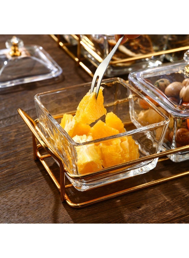 تراديو طقم وعاء زجاجي للمكسرات والوجبات الخفيفة مع أغطية وصينية معدنية ذهبية – 6 قطع طاولة تقديم وجبات خفيفة مع غطاء، أوعية تخزين فواكه ووجبات خفيفة متعددة الأغراض وفاخرة وخفيفة، أطباق تقديم مقسمة، مجموعة أوعية تقديم مكسرات وحلويات شفافة للحلويات والفواكه والمكسرات، صينية وجبات خفيفة محمولة - Image 3