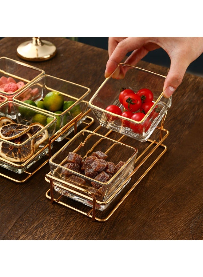 تراديو طقم وعاء زجاجي للمكسرات والوجبات الخفيفة مع أغطية وصينية معدنية ذهبية – 6 قطع طاولة تقديم وجبات خفيفة مع غطاء، أوعية تخزين فواكه ووجبات خفيفة متعددة الأغراض وفاخرة وخفيفة، أطباق تقديم مقسمة، مجموعة أوعية تقديم مكسرات وحلويات شفافة للحلويات والفواكه والمكسرات، صينية وجبات خفيفة محمولة - Image 4