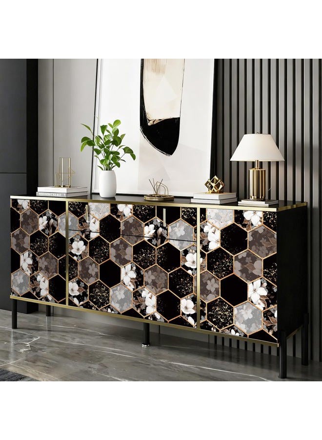 ReWallpaper Geometric Peel and Stick Wallpaper Black and White Floral Hexagon Wallpaper Removable Waterproof Gold Geometric Contact Paper for Cabinets Shelf Kitchen Bedroom Living Room 17.5in x 10ft - Image 3