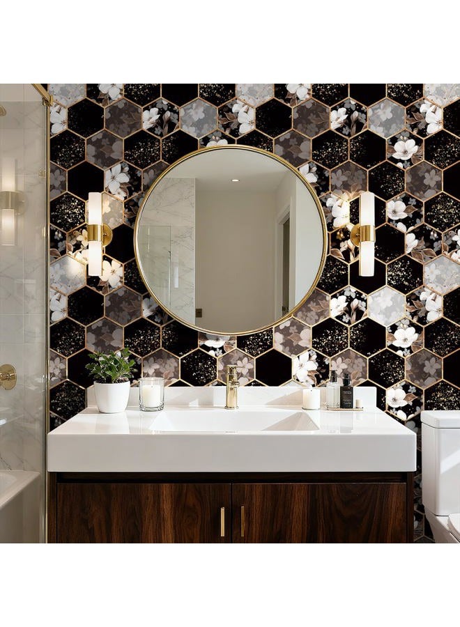 ReWallpaper Geometric Peel and Stick Wallpaper Black and White Floral Hexagon Wallpaper Removable Waterproof Gold Geometric Contact Paper for Cabinets Shelf Kitchen Bedroom Living Room 17.5in x 10ft - Image 5