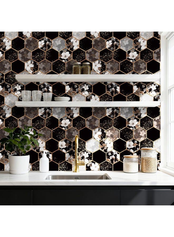 ReWallpaper Geometric Peel and Stick Wallpaper Black and White Floral Hexagon Wallpaper Removable Waterproof Gold Geometric Contact Paper for Cabinets Shelf Kitchen Bedroom Living Room 17.5in x 10ft - Image 2