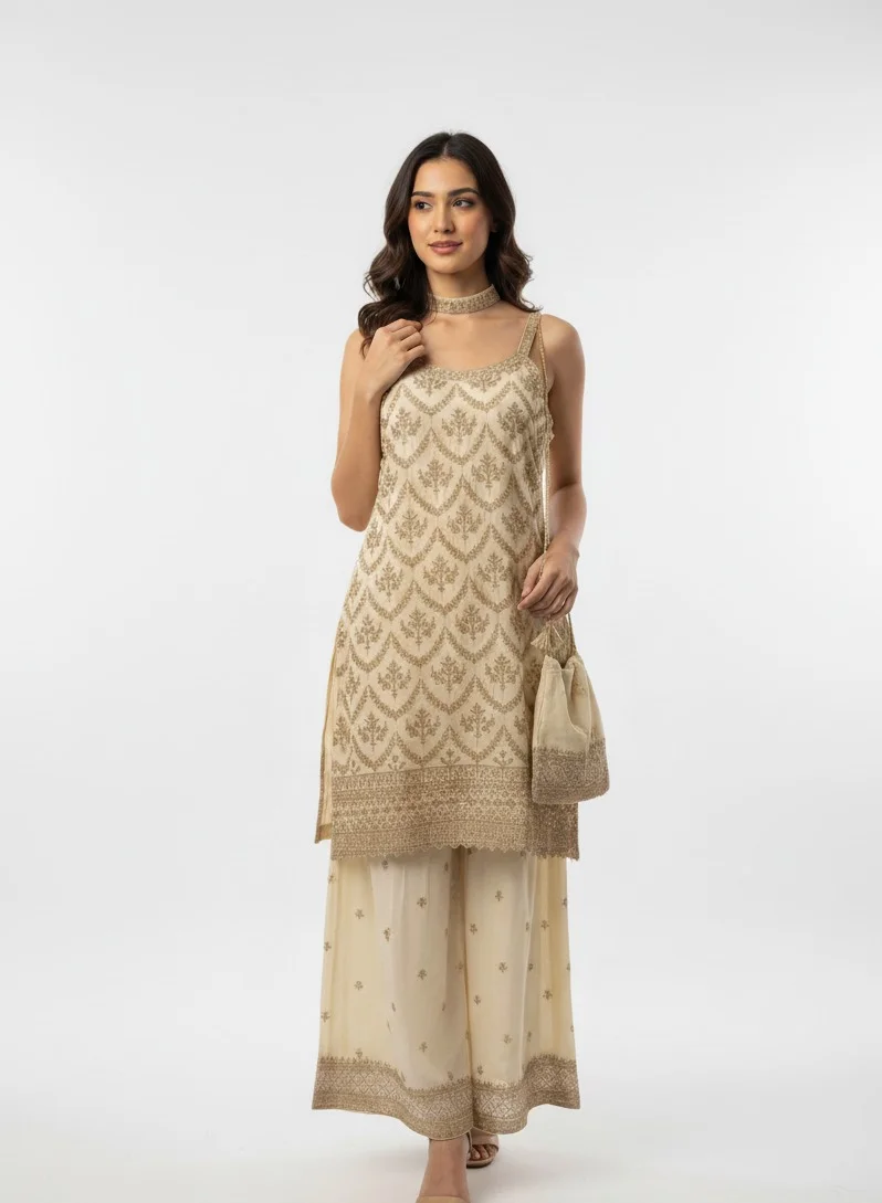 Lehar White Embroidered Sharara Set with Dupatta with Bag