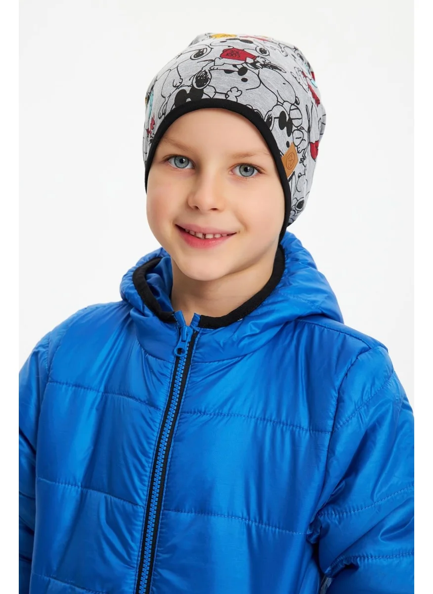 Babygiz Light Gray Boy's Colorful Figured Beret Neck Collar Set Soft Double Layer 100% Natural Cotton Combed Cotton