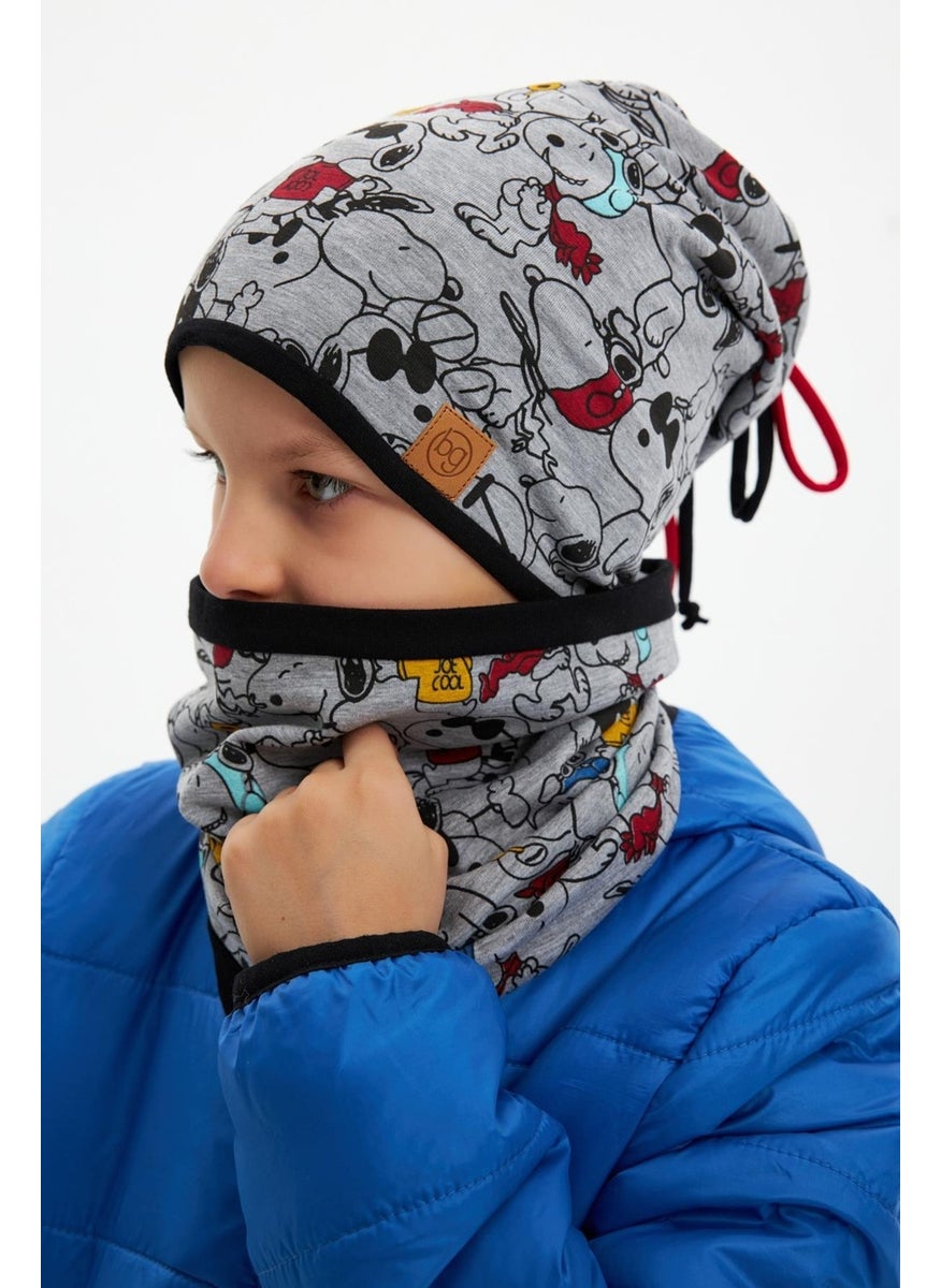 Babygiz Light Gray Boy's Colorful Figured Beret Neck Collar Set Soft Double Layer 100% Natural Cotton Combed Cotton  - Image 1