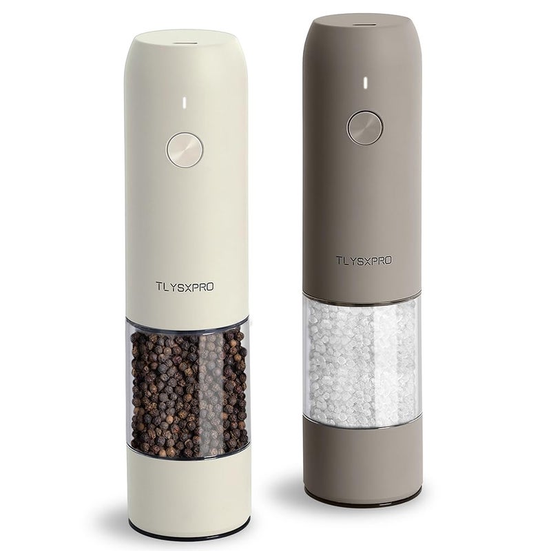 Electric Salt and Pepper Grinder Set USB Rechargeable Automatic Salt and Pepper Mill Grinder with Adjustable Coarseness Electric Salt Shakers LED Light Refillable 2 Packs GreigeButtercream