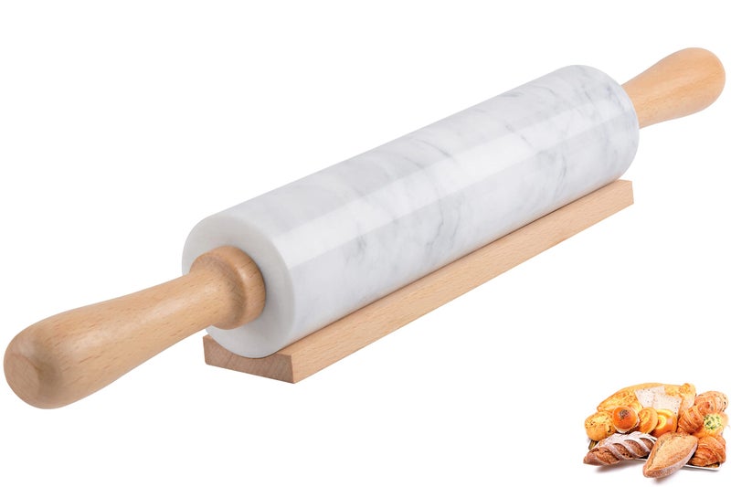 SIPARUI Marble Rolling Pin with Wooden Cradle Thick Handle Set for Baking185 inch Premium Quality Polished Roller for Pizza DoughFondantPie CrustNonStick Surface Easy to CleanWhite