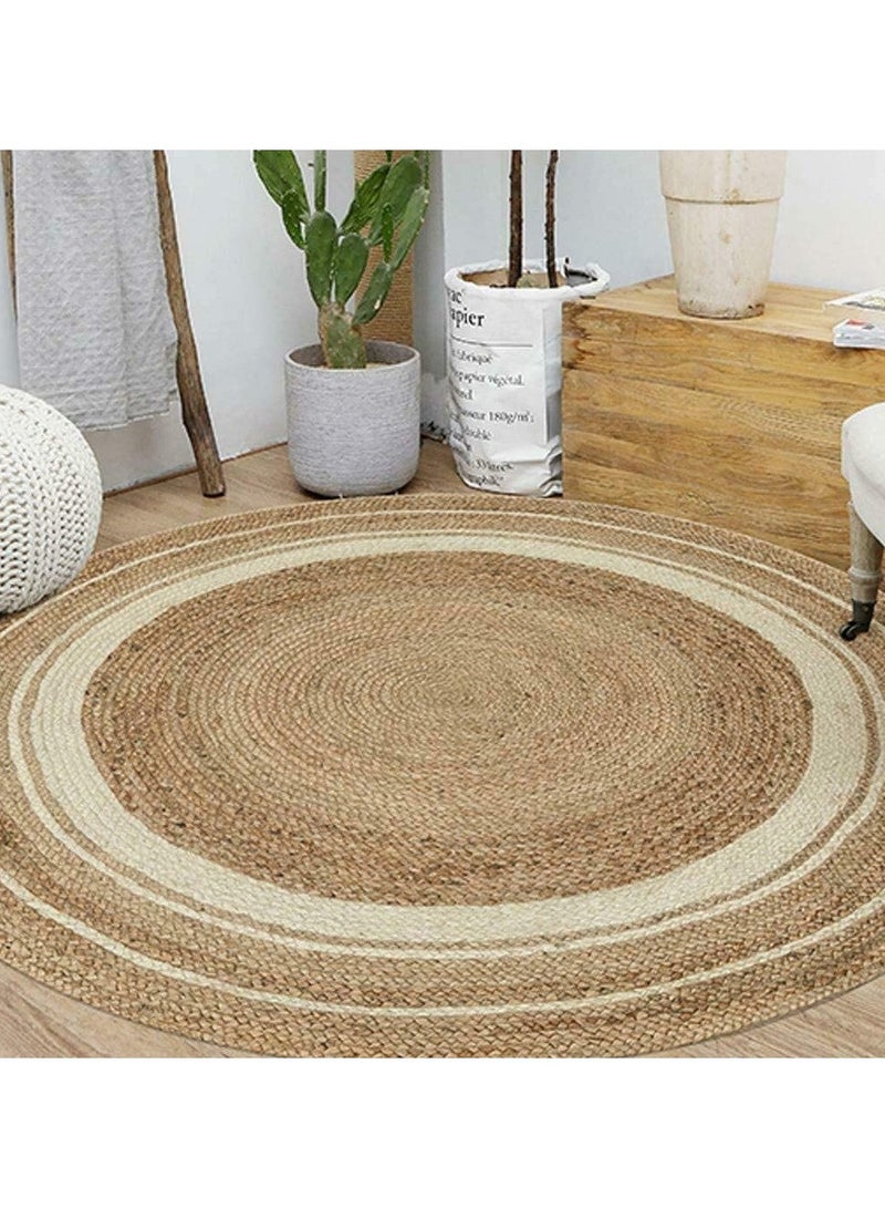 LINGWEI Jute Rug Carpet Floor Mat Round Shape with White Line Jute Carpet Hand Woven Natural Jute Rug Hand Braided Round Jute Carpet Doormat Natural Jute Floor Mat For Home Office - Image 3