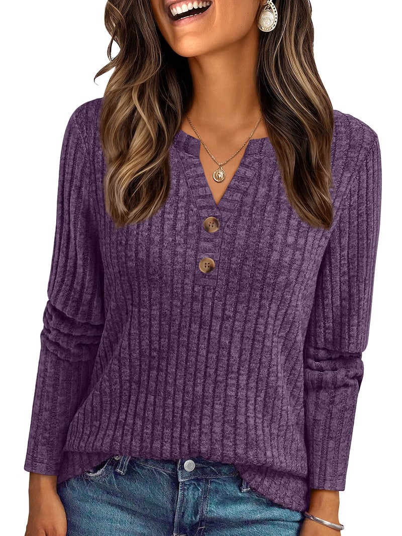 AUTOMET Women's Long Sleeve Henley Shirts Fall Lightweight Sweaters Dressy Casual Tunic Tops Fashion Clothes 2026 Purple XXL - Image 1