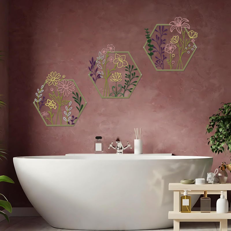 ESTART 3 Pcs Metal Flower Wall Decor, Minimalist Floral Wall Hanging Art, Abstract Line Floral Wall Art Sculpture for Bedroom Bathroom Living Room Kitchen Dining Room (Multi Color) - Image 4