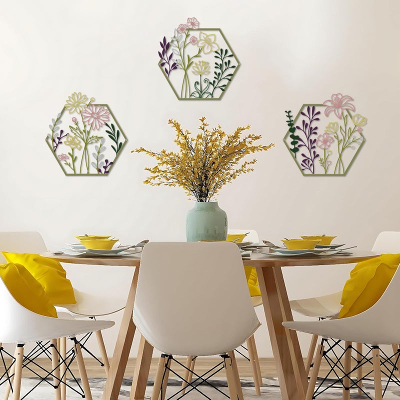 ESTART 3 Pcs Metal Flower Wall Decor, Minimalist Floral Wall Hanging Art, Abstract Line Floral Wall Art Sculpture for Bedroom Bathroom Living Room Kitchen Dining Room (Multi Color) - Image 5