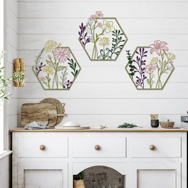 ESTART 3 Pcs Metal Flower Wall Decor, Minimalist Floral Wall Hanging Art, Abstract Line Floral Wall Art Sculpture for Bedroom Bathroom Living Room Kitchen Dining Room (Multi Color) - Image 3