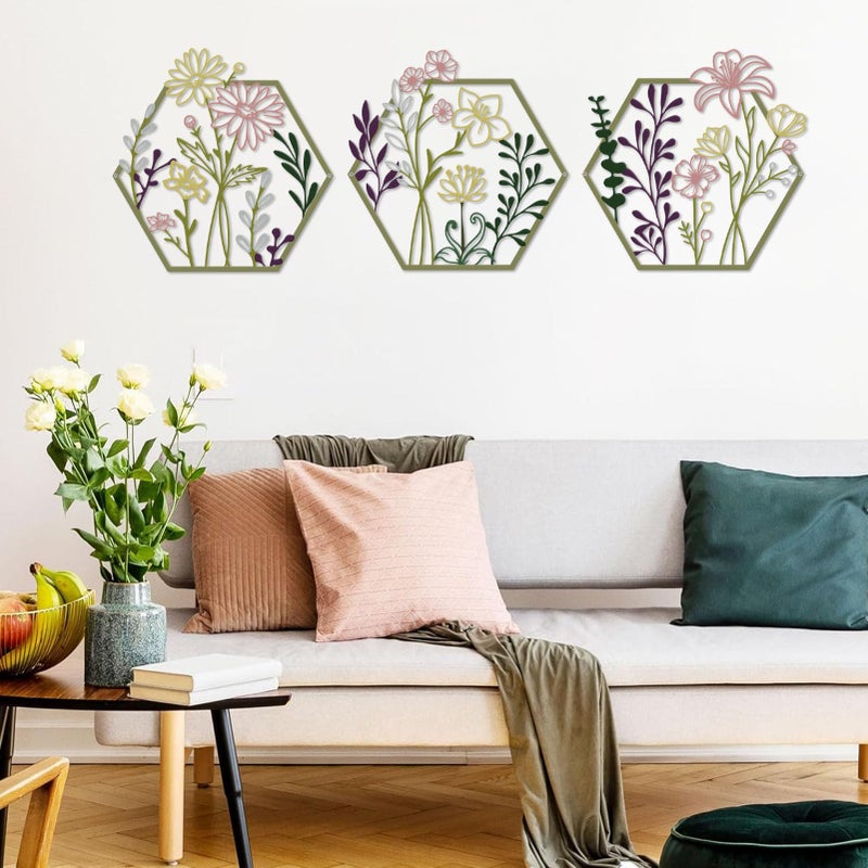 ESTART 3 Pcs Metal Flower Wall Decor, Minimalist Floral Wall Hanging Art, Abstract Line Floral Wall Art Sculpture for Bedroom Bathroom Living Room Kitchen Dining Room (Multi Color) - Image 1