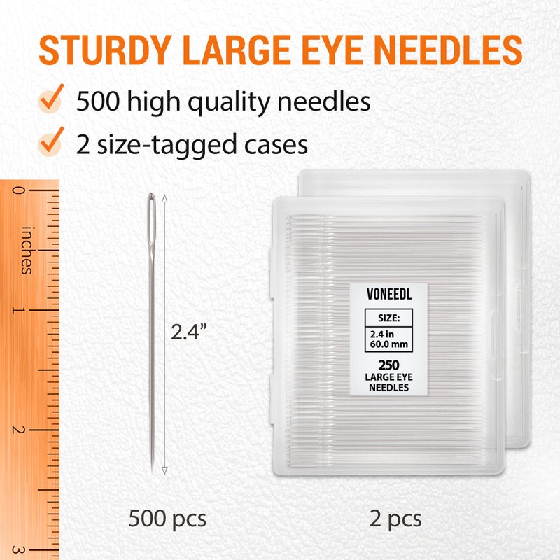VONEEDL 500 PCS Large Eye Heavy Duty Sewing Needles - Bulk Set of 2.4 inch Big Eye Embroidery Needles - Easy to Thread Quilting Needles - Image 3