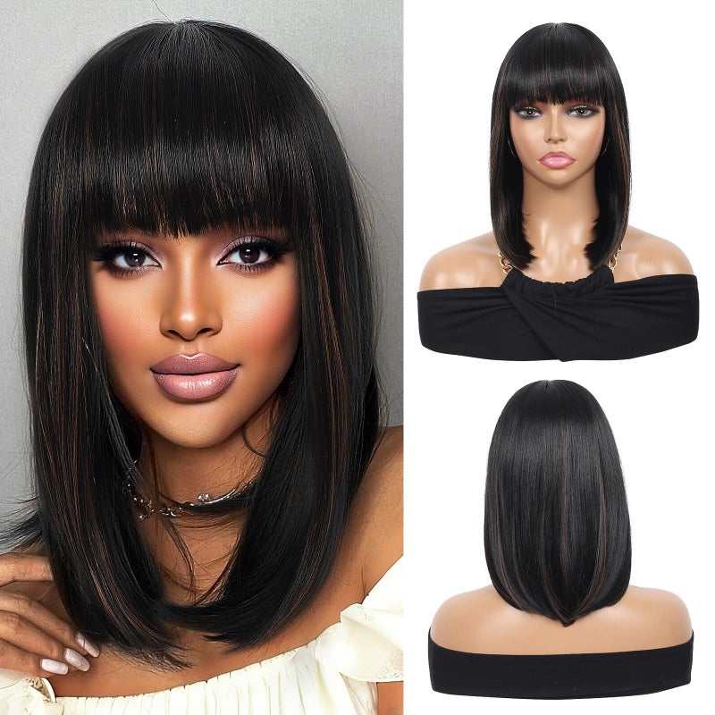 Kalyss Bob Wigs for Women Short Straight Bob Wig with Hair Bangs Natural Looking Heat Resistant Synthetic Hair Wigs for Women 13 Inches Mix Black Brown