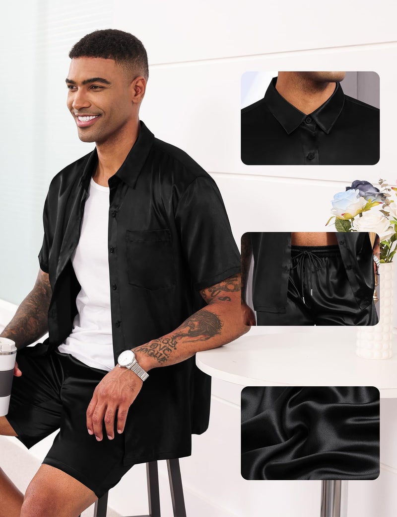 LecGee Mens 2 Piece Silk Satin Pajamas Tracksuit Lounge Button Down Shirts & Shorts Pjs suits Wedding Party(Black,XL) - Image 3