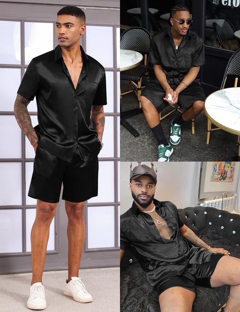 LecGee Mens 2 Piece Silk Satin Pajamas Tracksuit Lounge Button Down Shirts & Shorts Pjs suits Wedding Party(Black,XL) - Image 4