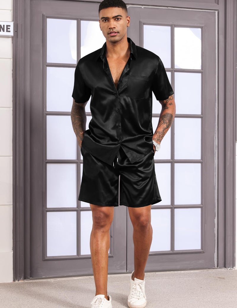 LecGee Mens 2 Piece Silk Satin Pajamas Tracksuit Lounge Button Down Shirts & Shorts Pjs suits Wedding Party(Black,XL) - Image 2