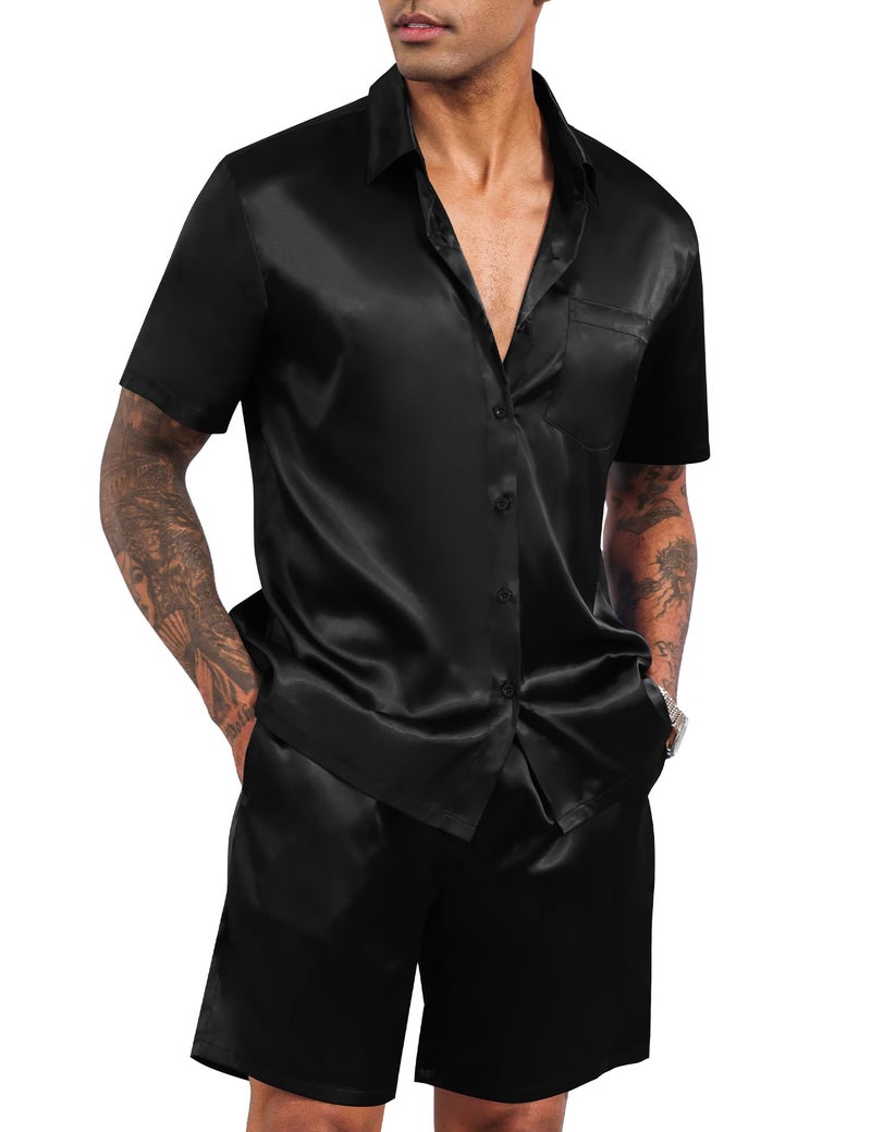 LecGee Mens 2 Piece Silk Satin Pajamas Tracksuit Lounge Button Down Shirts & Shorts Pjs suits Wedding Party(Black,XL) - Image 1