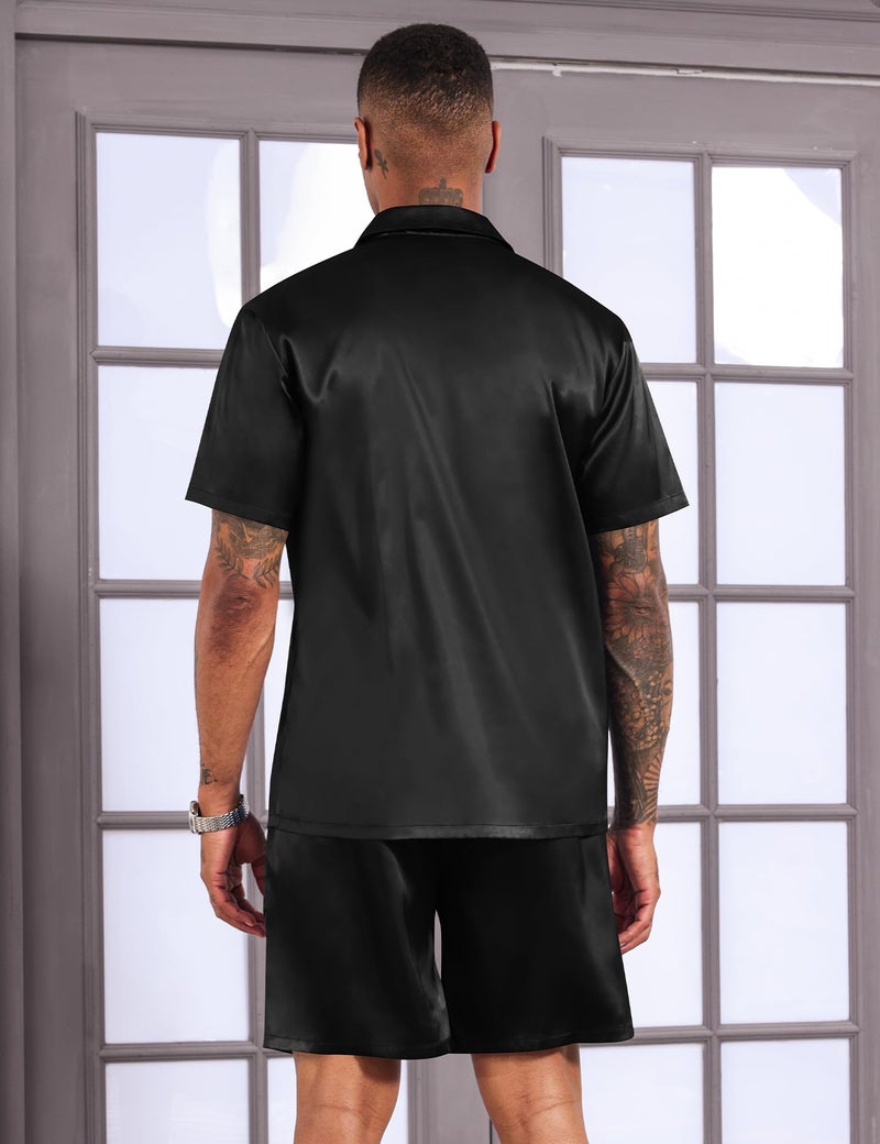 LecGee Mens 2 Piece Silk Satin Pajamas Tracksuit Lounge Button Down Shirts & Shorts Pjs suits Wedding Party(Black,XL) - Image 5