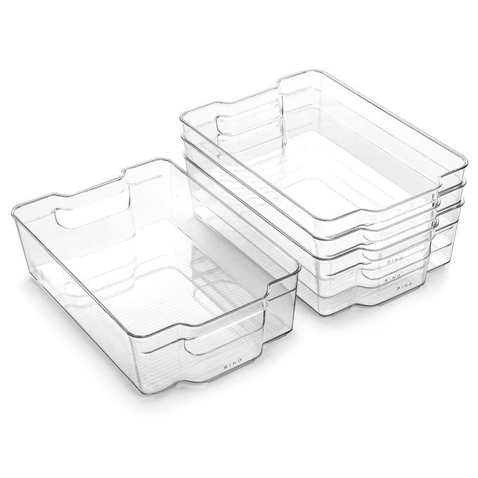STACKABLE STORAGE BINS LARGE 4 PACK THE STACKER COLLECTION CLEAR PLASTIC STORAGE BINS ORGANIZATION AND STORAGE CONTAINERS FOR PANTRY FRIDGE MULTIUSE ORGANIZER BINS BPAFREE