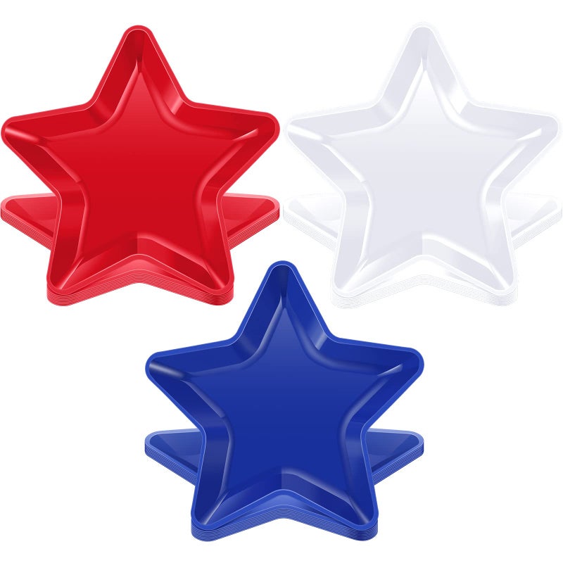 Yoande 24 Pcs Patriotic Star Shaped Plates 4th of July Dessert Plate Red White Blue Reusable Plastic Snack Tray Platter for Cookies Chips Independence Day Memorial Day Veterans Day Party Supplies, 11 Inch - Image 1