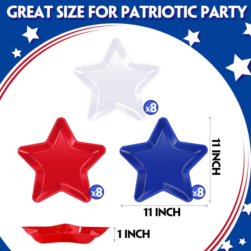 Yoande 24 Pcs Patriotic Star Shaped Plates 4th of July Dessert Plate Red White Blue Reusable Plastic Snack Tray Platter for Cookies Chips Independence Day Memorial Day Veterans Day Party Supplies, 11 Inch - Image 3