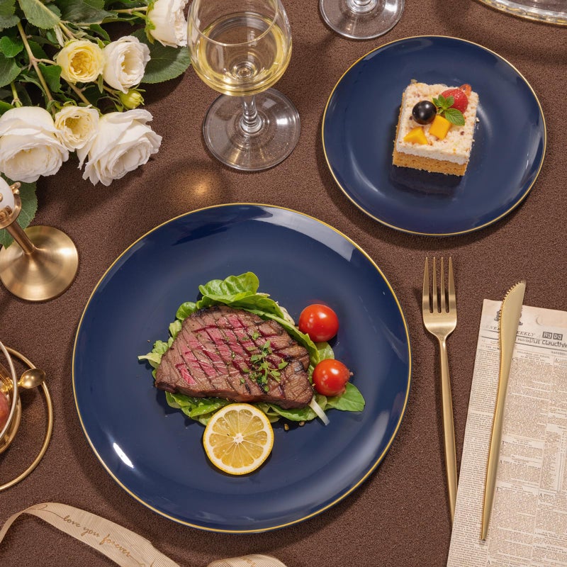 bUCLA 200PCS Blue Plastic Plates - Navy Blue Disposable with Gold Rim Include 100 Each (10 inch Dinner & 7 inch Dessert) Plates, Ideal for Party, Gathering & Passover - Image 3