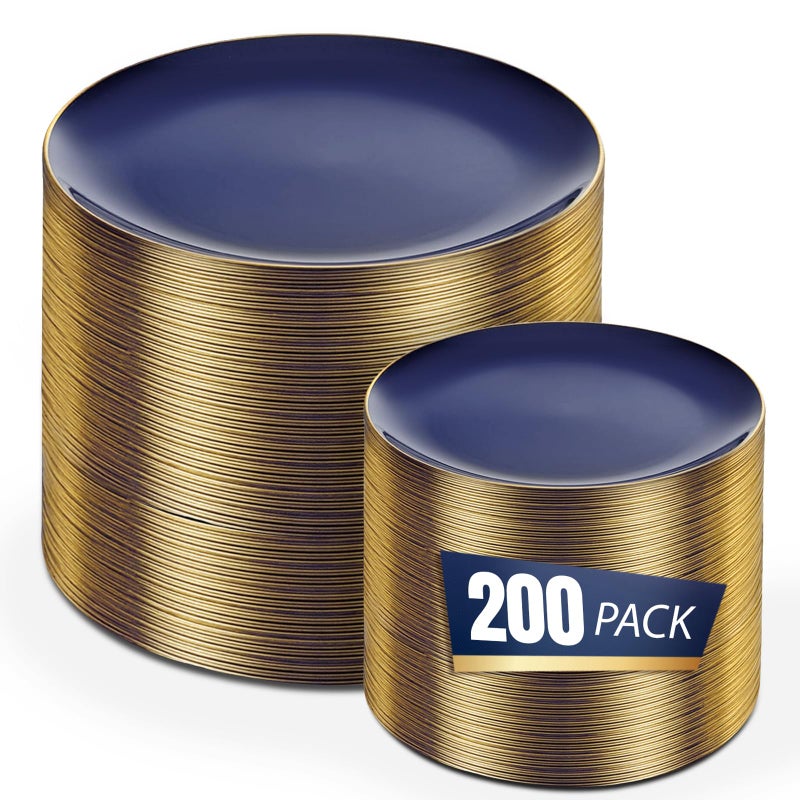 bUCLA 200PCS Blue Plastic Plates - Navy Blue Disposable with Gold Rim Include 100 Each (10 inch Dinner & 7 inch Dessert) Plates, Ideal for Party, Gathering & Passover - Image 1