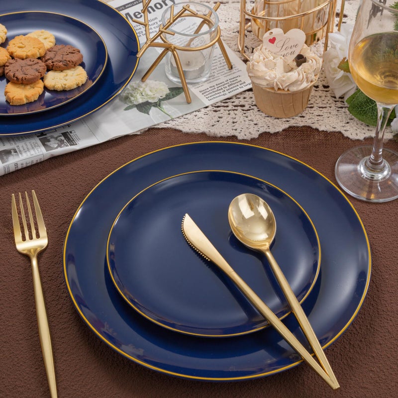bUCLA 200PCS Blue Plastic Plates - Navy Blue Disposable with Gold Rim Include 100 Each (10 inch Dinner & 7 inch Dessert) Plates, Ideal for Party, Gathering & Passover - Image 4