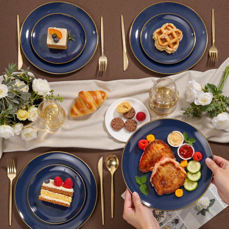 bUCLA 200PCS Blue Plastic Plates - Navy Blue Disposable with Gold Rim Include 100 Each (10 inch Dinner & 7 inch Dessert) Plates, Ideal for Party, Gathering & Passover - Image 5