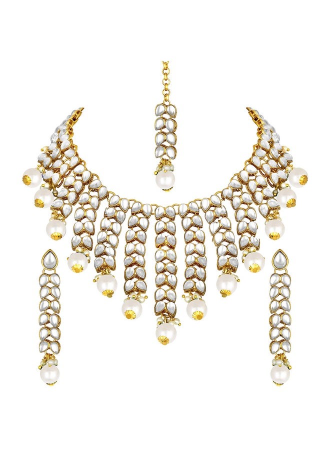 Aheli - Elegant Indian Wedding Wear Faux Kundan Studded Choker Necklace With Maang Tikka Set Ethnic Fashion Jewelry For Women (White Stone Kundan Leaf) - Image 1