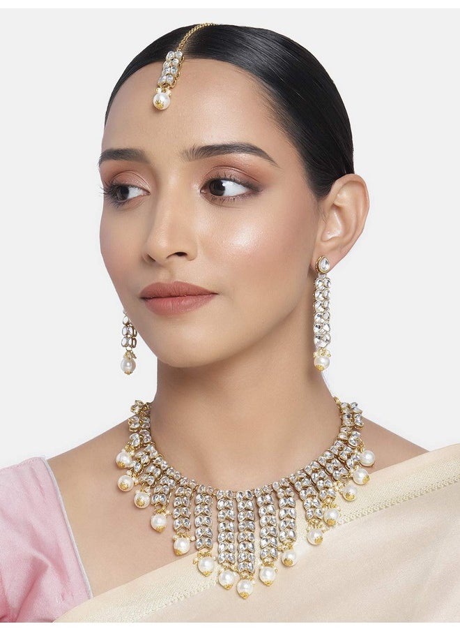 Aheli - Elegant Indian Wedding Wear Faux Kundan Studded Choker Necklace With Maang Tikka Set Ethnic Fashion Jewelry For Women (White Stone Kundan Leaf) - Image 1