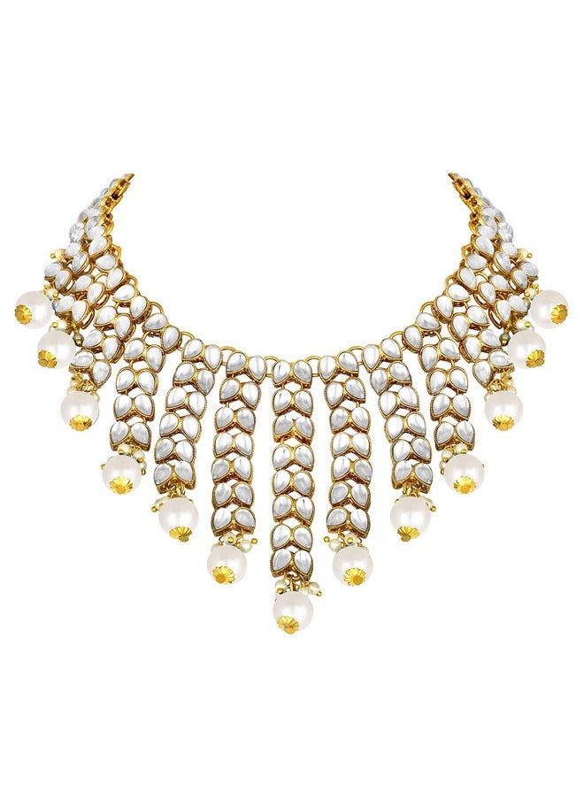 Aheli - Elegant Indian Wedding Wear Faux Kundan Studded Choker Necklace With Maang Tikka Set Ethnic Fashion Jewelry For Women (White Stone Kundan Leaf) - Image 1