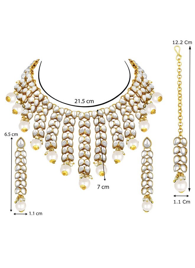 Aheli - Elegant Indian Wedding Wear Faux Kundan Studded Choker Necklace With Maang Tikka Set Ethnic Fashion Jewelry For Women (White Stone Kundan Leaf) - Image 1