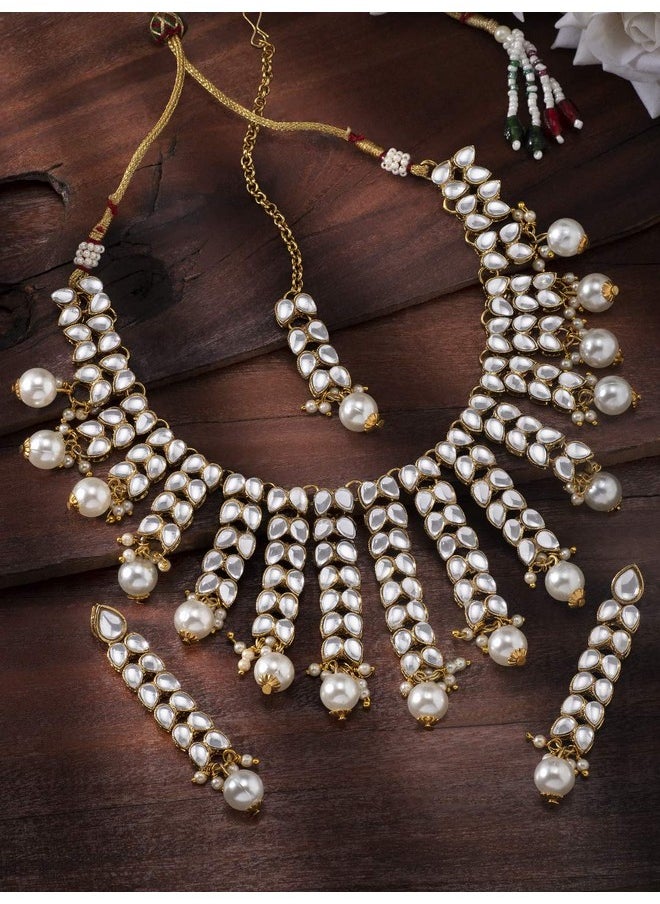 Aheli - Elegant Indian Wedding Wear Faux Kundan Studded Choker Necklace With Maang Tikka Set Ethnic Fashion Jewelry For Women (White Stone Kundan Leaf) - Image 1