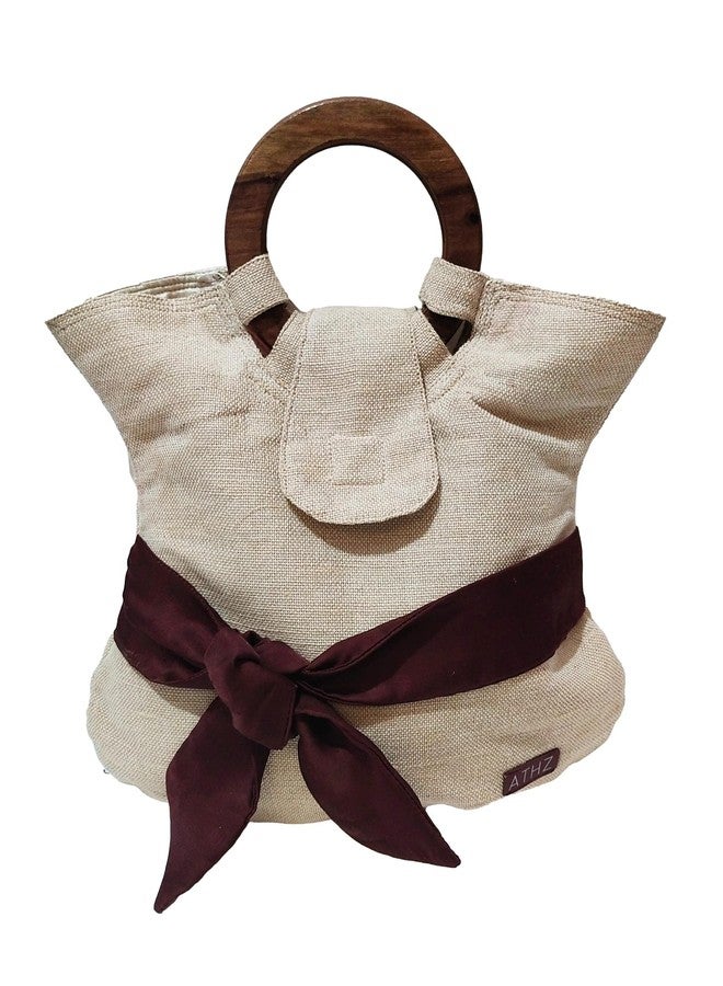 ATHZ handbags wooden handles Potli Bags with Handcrafted Bow Detail hand carry artistic wristlets bags for women (Off White, Red Wine, brown) - Image 1