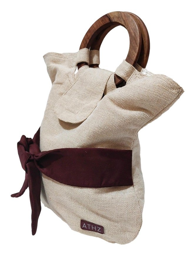 ATHZ handbags wooden handles Potli Bags with Handcrafted Bow Detail hand carry artistic wristlets bags for women (Off White, Red Wine, brown) - Image 3