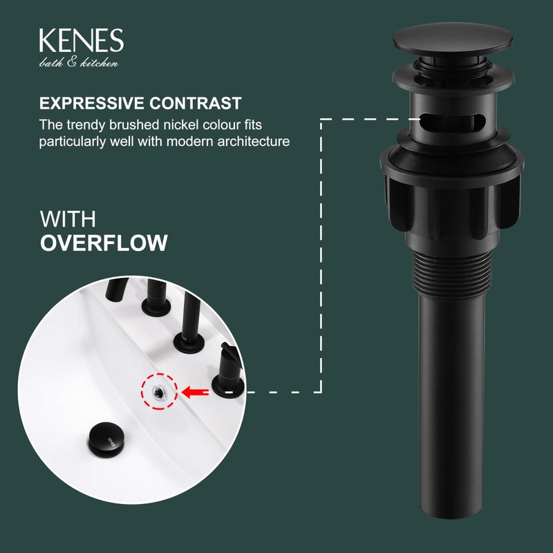 KENES Pop Up Bathroom Sink Drain with Overflow, Matte Black Pop Up Drain Stopper Anti Clog Pop Up Drain Stopper Lavatory Bathroom Vanity Sink Drain - Image 3