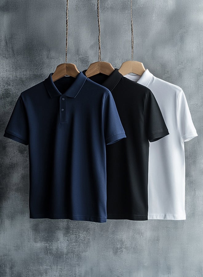 trendyol Black-White-Navy Blue Slim/Slim Cut 3-Pack Polo Neck T-shirt - Image 1