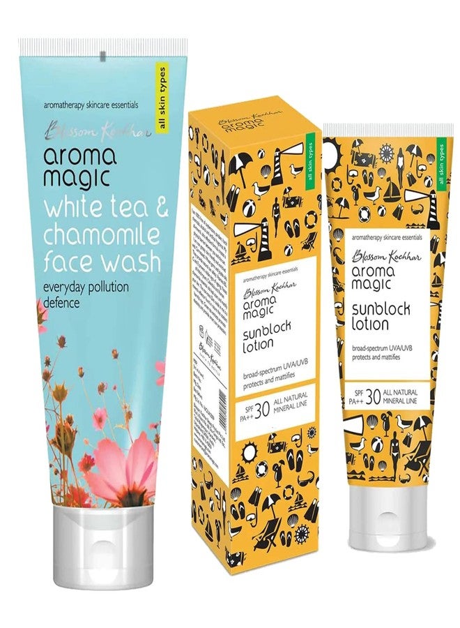 Aroma Magic Combo| White Tea & Chamomile Face Wash-100ml + Sunblock Lotion(SPF 30/ PA++)- 100ml |Pack Of 2 - Image 1