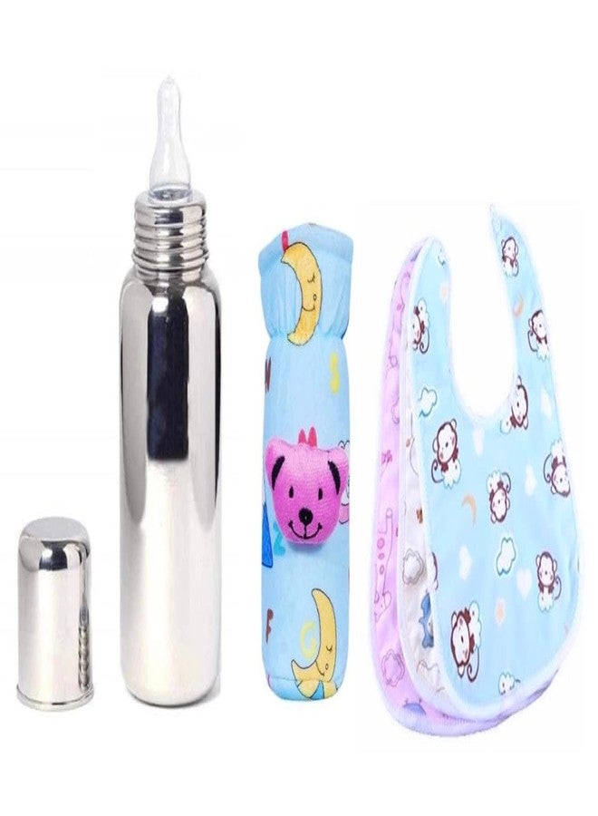 KIDS BASIC Stainless Steel Baby Feeding Bottle 240 ML with Velvet Bottle Cover and 3 Pcs of Button Bibs (3, Printed Blue) - Image 1