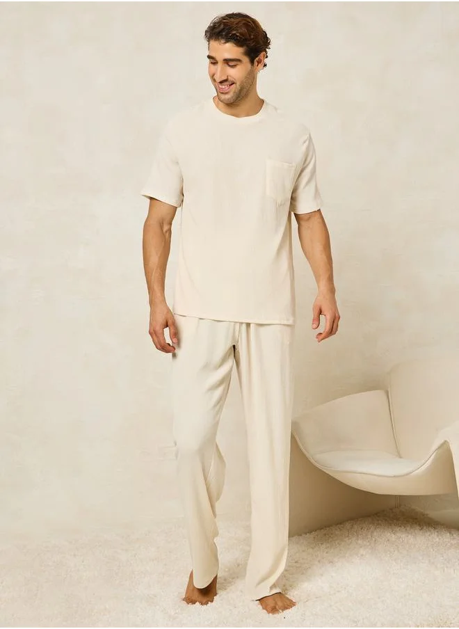 Styli Textured Crew Neck T-Shirt & Straight Pyjama Set