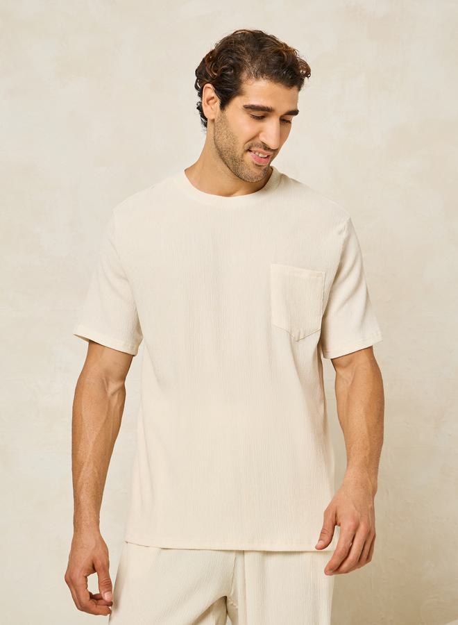 Styli Textured Crew Neck T-Shirt and Straight Pyjama Set - Image 2