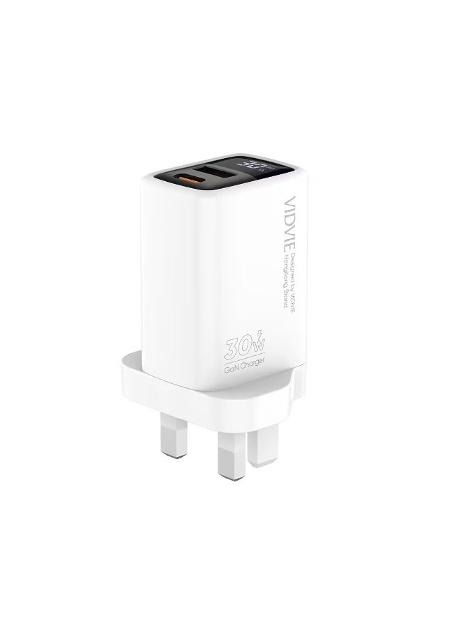 شاحن حائط سريع VIDVIE PLB177 بقوة 30 واط GaN مع منفذ Type-C ومنفذ USB-A وشاشة عرض الطاقة