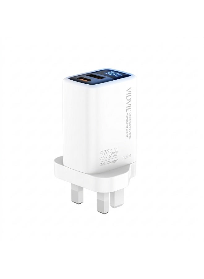 VIDVIE  Fast Wall Charger 30W GaN with Digital Power Display Screen, Type-C PD & USB Ports - White - Image 1