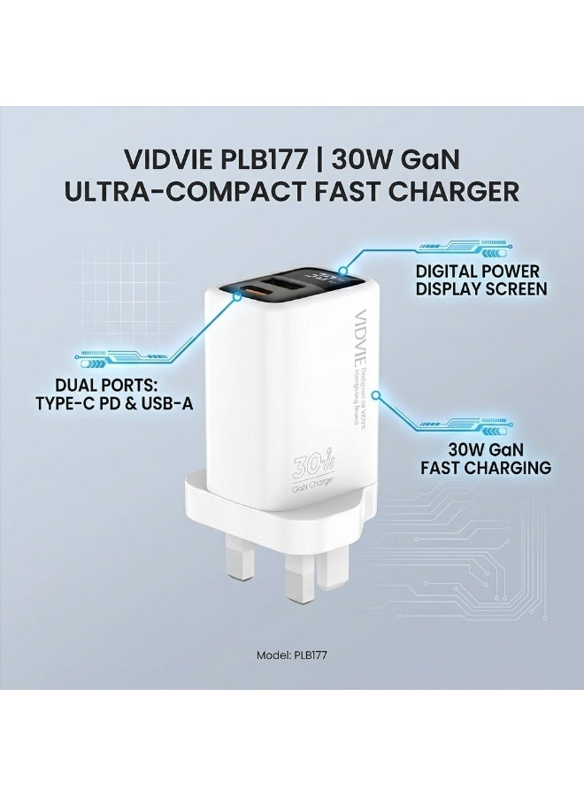 VIDVIE  Fast Wall Charger 30W GaN with Digital Power Display Screen, Type-C PD & USB Ports - White - Image 3
