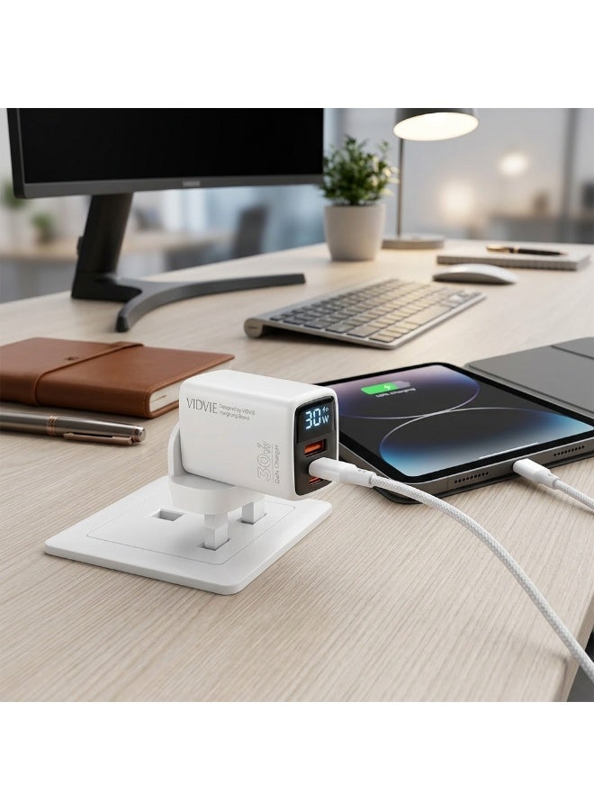 VIDVIE  Fast Wall Charger 30W GaN with Digital Power Display Screen, Type-C PD & USB Ports - White - Image 2